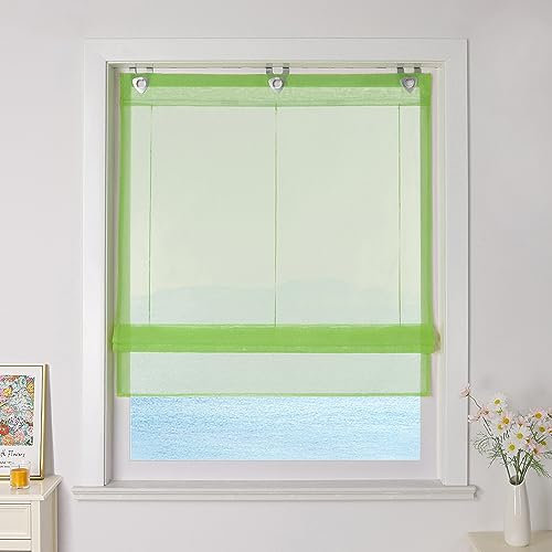 ESLIR Raffrollo ohne Bohren Raffgardinen mit U-Haken Ösenrollo Voile Gardinen Transparent Vorhänge Modern 1 Stück Grün BxH 100x130cm 1 Stück