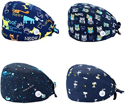 SIMYJOY 4 Stücke Schrubben Kappe Bedruckte Hut mit Knopf und Baumwolle Schweißband Verstellbare Füllig Haarabdeckung Unisex Doktor Kappe