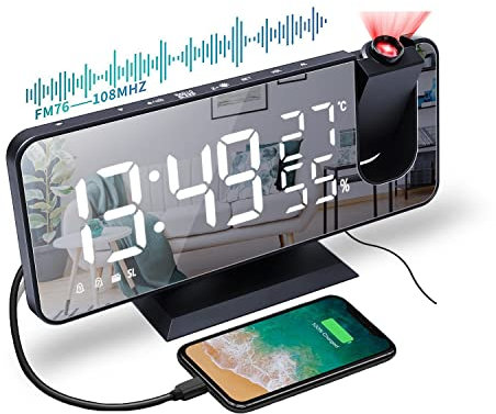 Radio Despertador Proyector, Reloj Despertador Digital con Puerto USB, Pantalla de Espejo LED de 7, 180° Rotativo Despertador Proyector Humedad Temperatura Interior con 2 Relojes Despertadores (C)