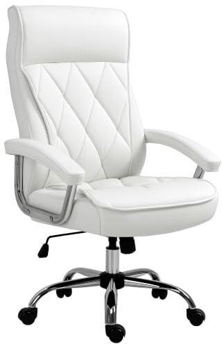 Vinsetto Bürostuhl Ergonomischer Schreibtischstuhl Höhenverstellbar Weiß | Drehstuhl mit Wippfunktion, Rautenmuster, Kunstleder, Gepolsterter Chefsessel