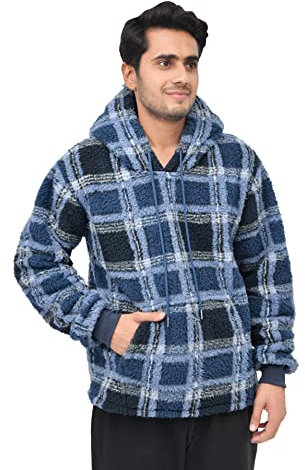 Sleepdown Check Fleece Teddy Borg Hoodie Felpa con Cappuccio da Uomo, in Pile, a Quadri, Calda e Morbida, Marina Militare, M
