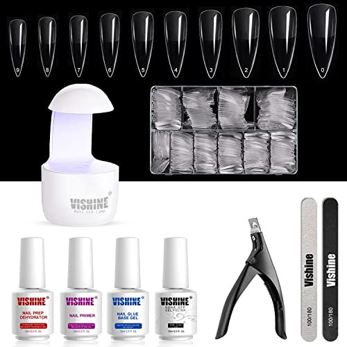 Vishine Lampe Portable UV LED Faux Ongles avec Colle Kit Complet, 500 pièces Faux Ongles Naturel Complet Artificiels de Acrylique avec Prep Déshydrater Nail Primer Top Coat et Colle, Gel Nail Art Kit