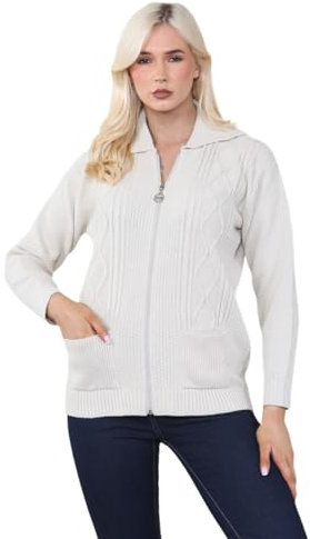 Candid Styles Womens Zipped Cable Knit Long Sleeve Zip Through Fasten Jumper Cardigan #Cream/UK 18-20