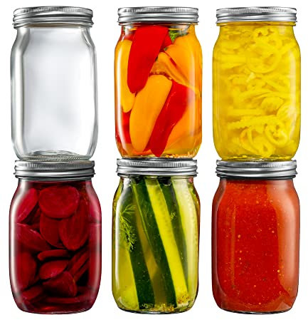 Wide-Mouth Glass Mason Jars with Metal Airtight Lids [32 oz. - 1 quart Large - 6 Sets] for Canning, Preserving, & Meal Prep