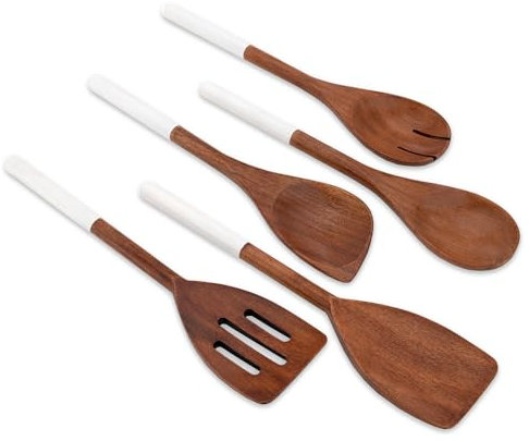 Chef Pomodoro - Ustensiles De Cuisine en Bois (30,5 Cm) - Kit 5 Pièces Cuillères, Spatules et Palettes en Bois Antiadhésifs Résistant et Durable - Spatule en bois, Ustensiles De Cuisine Bois (Blanc)