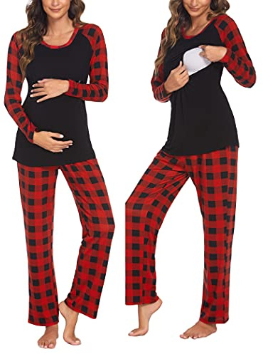 Ekouaer Pyjama d'allaitement pour Femme pour hôpital Manches Longues Modal de Grossesse Ensemble Pyjama 2 pièces Plaid Rouge XL