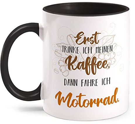 Fashionalarm Erst trinke ich Kaffee dann fahre ich Motorrad Tasse mit Spruch lustig Motiv - beidseitig Bedruckt | Geschenk-Idee Motorradfahrer, Schwarz 330ml
