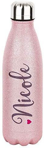 4youDesign Rosa Glitzer-Flasche personalisiert – Herz-Motiv - Geschenkidee zu Weihnachten mit Gravur des Namen – 500ml Inhalt – Für Heiß- und Kaltgetränke – Doppelwandkonstruktion