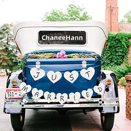 Just Married Wimpelkette Banner, Hochzeit Dekorative Buchstaben, Just Married Banner Weiss Herz, Dekoration für Hochzeitszeremonie, Hochzeitsdeko Frisch Verheiratet