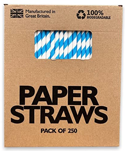 Lot de 250 feuilles de papier bleu et blanc (200 mm x 6 mm) fabriquées au Royaume-Uni – Pailles biodégradables (bleu et blanc)