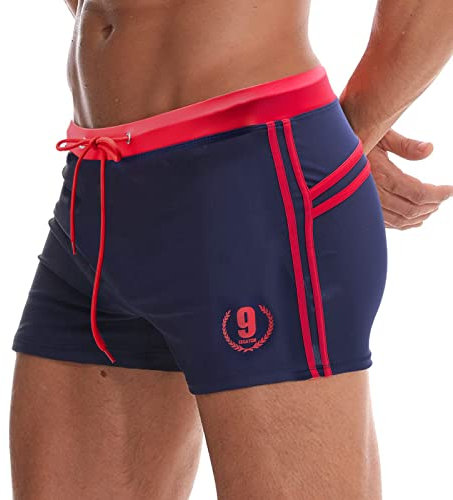 Arcweg Costume da Bagno Uomo Coulisse Pantaloncini Calzoncini da Bagno Elastico a Vita Bassa Boxershorts Slip Nuoto Spiaggia Mare Piscina Blu Marino/Rosso M(EU)