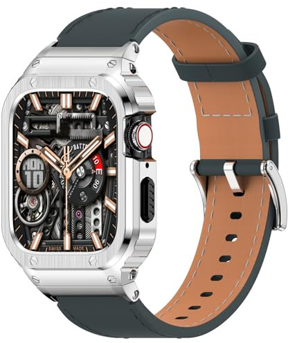 SUPLINK Étui et bracelets en acier inoxydable compatibles avec les bracelets Apple Watch de 44 mm, 42 mm, bracelet en cuir robuste pour iWatch Series SE 6 5 4 3 2 1 pour homme