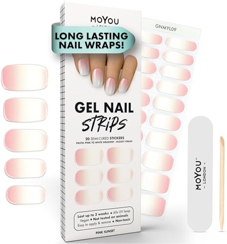 MOYOU LONDON Autocollants auto-adhésifs pour ongles en Gel Semi-durci, lampe UV/LED requise, 20 enveloppes de vernis à ongles en Gel, autocollants pour Nail Art - Pink Sunset