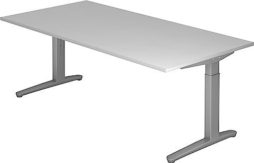 bümö manuell höhenverstellbarer Schreibtisch 200x100 in grau, Gestell in Silber - PC Tisch höhenverstellbar & groß, höhenverstellbarer Tisch Büro, großer Computertisch verstellbar