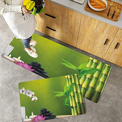 Küchenteppich Teppich Läufer Küchenläufer 2 Stück,Spa Bambus Blume Stein Wachs auf dem Tisch Orchidee Rock Gesunder Lebensstil Thema Farn Grün Fuc,Rutschfest waschbar für Flur Küche 40x60 cm+40x120 cm