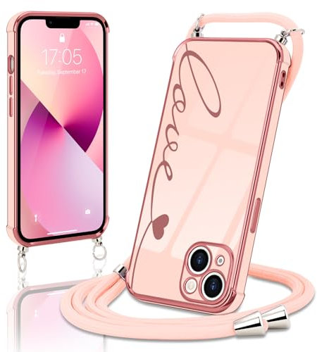 Micoden Handykette für iPhone 13 Necklace Hülle mit Band,Handyhülle für Kordel zum Umhängen,Kameraschutz Herz Love Design Galvanik Silikon Case Bumper Stoßfeste Schutzhülle,Liebe Rosa