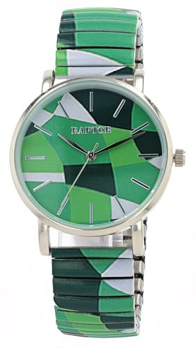 Raptor Colorful Edition Ø36mm Damen-Uhr Zugband Edelstahl Motiv Bunt Print Analog Quarz (grün weiß)