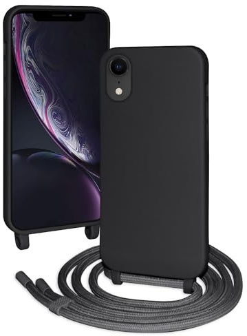 FERLAN Coque pour iPhone XR avec Cordon, Collier pour Étui en Silicone Liquide avec Portable Sangle réglable Bandouilière Lanyard Colliers, Housse Anti-Choc Case iPhone XR,Noir