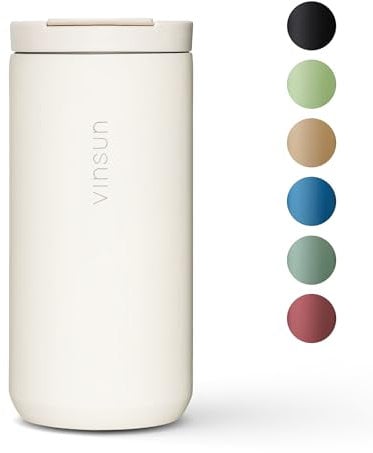 VINSUN Travel Mug 380ml - Stainless Steel, Leakproof, Double Walled - Hot & Cold Drinks - Cream White Coffee Mug with Lid for Travel, Car, University