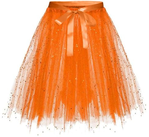 Karneval Tüllrock Damen Erwachsene Glitzernder Tütü Röcke Puffy 80er Tüll Unterrock Minirock Petticoat Tanzkleid Adult Teen Dehnbaren Tutu Rock Erwachsene Ballettrock Tüllrock für Party (Orange, S)