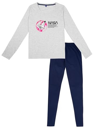 NASA Schlafanzug für Damen Pyjama Set Langarm Oberteil mit Hose Grau/Blau