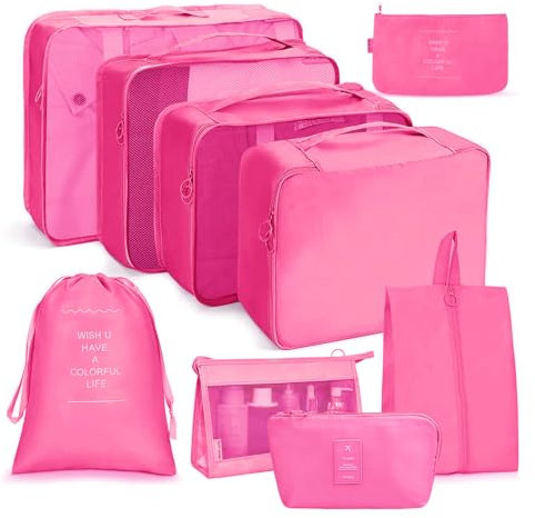 OSDUE Organisateur de Voyage, Lot de 9 Organiseurs de Bagage pour Voyage,Différents Tailles des Cubes Étanche Sacs de Voyage Rangement (Rose Rouge)