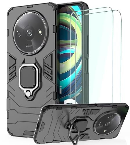 DERHAN Coque pour Xiaomi Redmi A3, Coque Antichoc avec Anneau + 2 Pièces Verre Trempé, Case Cover Bumper Housse de Protection Anti-Vibration - Noir