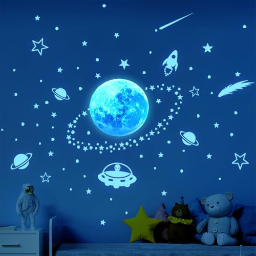Leuchtsterne Kinderzimmer Sterne leuchtend Selbstklebend Wandsticker Wandaufkleber Kinderzimmer Junge Mädchen Kinder Mond Astronaut Leucht Aufkleber Schlafzimmer Wohnzimmer Wandtattoo
