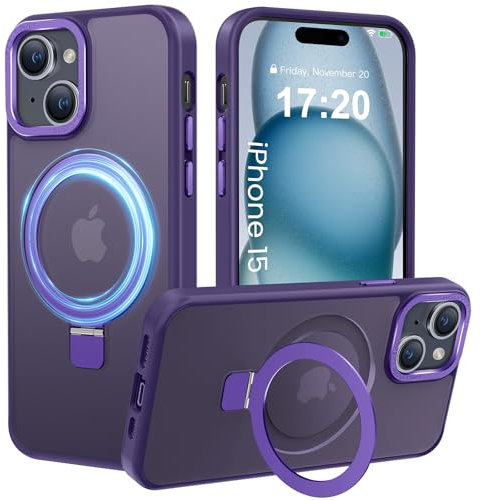 PuyaTeya Magnetic Stand for iPhone 15 Case, Compatible with Mag-Safe, Military Drop Protection, Anti-scratch/fingerprint Translucent Matte iPhone 15 Phone Case(Purple)