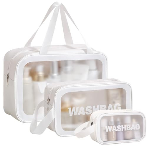Set di 3 Beauty Case Donna da Viaggio Trasparente, Borsa da Toilette per Donne, Impermeabile Porta Trucchi da Viaggio, (Grande, Media E Piccola)