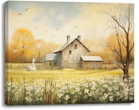 Piy Painting Tableau sur Toile Chalets et fleurs, Impression sur Toile Style Rustique, Décoration Murale Moderne, Tableau de cuisine pour Salle à manger Chambre Maison,40x30cm, Cadre en Bois Intégré