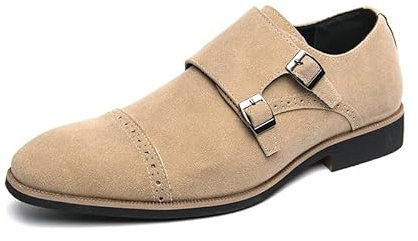 Zapatos formales de vestir for hombre, sin cordones, con punta cuadrada, empeine de gamuza, puntera con doble hebilla, antideslizantes, resistentes al deslizamiento, tacón de bloque, informales, antid