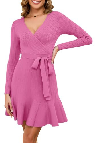 Arach&Cloz Jumper Dress for Women UK V Neck Winter Knitted Wrap Dress Long Sleeve Casual Party Dress with Belt (Pink,X-Large)