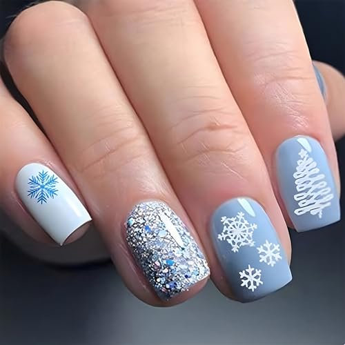 Christmas Press on Nails Short - Blue Snowflake Pattern Square French Tip False Nails With Glue - 24pcs Stick on With Snowflake Pattern - Full Cover Coffin Glue on for Women Girls