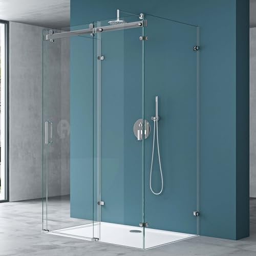Mai & Mai U-Form Duschkabine 80x120x80cm Rahmenlos Höhe:195cm 8mm Schiebetür Duschabtrennung ESG Nano Klarglas 4-Punkt Halterung Duschwand Rav17-2UK
