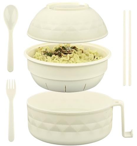 HUAKENER 38 oz Microwave Ramen Bowl Set with Lid, Spoon, Chopsticks, Fork (White, Bamboo Fiber, Natural, Rustic)