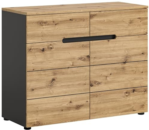 Newroom Kommode Wildeiche Basalt Grau Sideboard mit Schubladen Wohnzimmer | Griffleiste schwarz, 2 Türen mit Einlegeboden, Industrial Design, Komodenschrank, Sideboard Flur, für Schlafzimmer