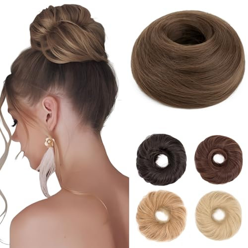 Benehair Haarteil Mit Gummiband Dutt Haarteil Haargummi Mit Haaren Synthetisch Haarverlängerung Haardutt Messy Bun für Damen Mädchen(Helles Goldbraun, 55g)
