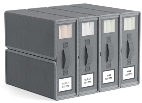 Warmiehomy 4 Pack Bedding Storage Foldable Bed Sheet Organiser with Zipper and Handle, Oxford Bedsheet Organiser Under Bed Storage for Queen King Sheets Duvet Cover Set Blanket Clothes, Grey