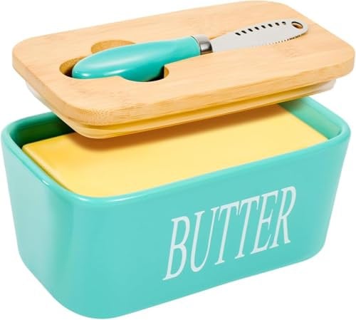Large Butter Dish,Ceramic Butter Dish with lid and Knife,Quality Silicone Sealing Butter Dishes is Good for Kitchen Baking and Gift,Green