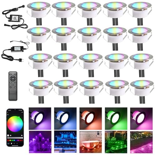 20er Wifi RGB Terassenbeleuchtungen Bodeneinbaustrahler aussen Arbeitet mit Alexa, DC12V Ø61mm 1.5W Große Größe Led bodenleuchten Einbaustrahler Boden Spots außenbereich