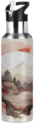 Woltant Bouteille d'eau japonaise isotherme en acier inoxydable avec paille anti-fuite pour le travail, les voyages, la salle de sport - 600 ml