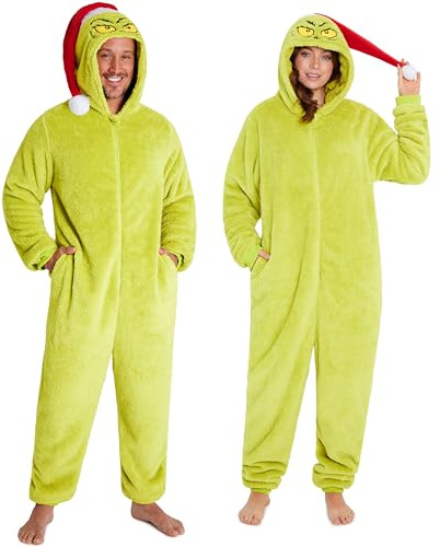 The Grinch Pigiama Intero Adulti, S-3XL, Famiglia Corrispondente Tuta Intera Cappuccio Cappello Babbo Natale, Regali Natalizi (M, Verde Adulti)