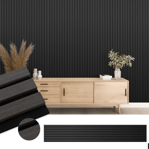 ACOUPANEL | Akustikpaneel mit Quasten aus Eichenholz – Schalldämmung zur Wandbefestigung – Filz mit hoher Dichte + Holzlatten mit 3 Seiten Furnier aus Eiche – Paneele Design (schwarze Eiche, 2,40 m)