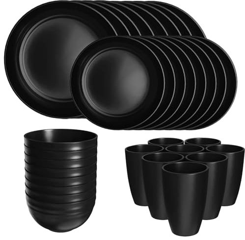 Vajilla portátil pulida simple para exteriores, color sólido, color negro, juego de 32 piezas para 8 personas