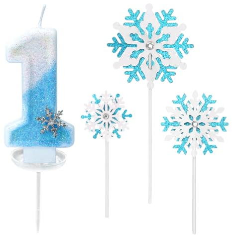 Glitzernde Zahlenkerze 1 mit Schneeflocken-Deko –Geburtstagskerze für Mädchen, Kerze 1 Geburtstag Kinder, Kerzen für Kuchen, Blau-weißer 3D-Glitzer & Tropfschutz