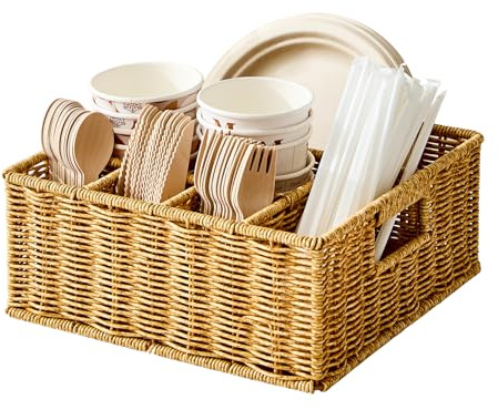 Berdeng Utensil Holder for Party, Paper Plate Dispenser for Countertop, Silverware Caddy for Picnic, Cutlery Holder for Kitchen Camping Buffet, Wicker Basket with 6 Compartments