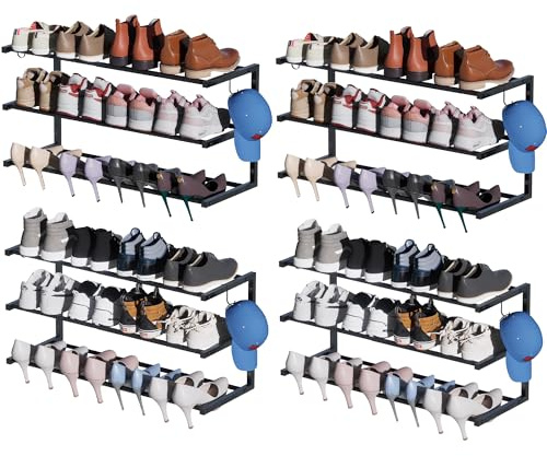 Schuhregal zur Wandmontage, 3 Etagen, hängendes Schuhregal für 48 Paar, 43,2 cm - 76,2 cm, verstellbar, robuster Metall-Schuh-Organizer mit 8 Aufbewahrungshaken, platzsparend für Schrank, Eingangstür