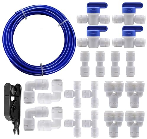 HAXIHA 10M Tuyau d'alimentation en Eau Tube,1/4Kit de Connecteurs de Réfrigérateur,Purificateurs d'eau à Connexion Rapide Raccords de Tube Type Y+T+I+L+Robinet à Bille Systèmes d'osmose Inverse-Bleu