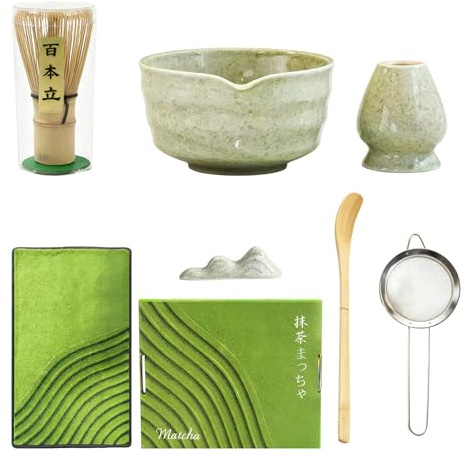 7 piezas Matcha Set Te Matcha Kit Juego Completo de Ceremonia Matcha Japonés con Batidor Bambu Matcha Porta Batidor Cuenco de Matcha de Cerámica Cuchara de Té para Preparar Matcha Tradicional